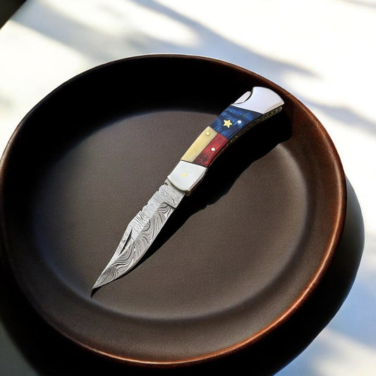 Handmade Damascus Pocket Knife with Pakka Wood Handle - Angler's Pro Tackle & Outdoors