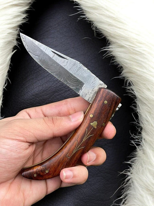 Handmade Damascus Steel Pocket Knife with Rosewood Handle - Angler's Pro Tackle & Outdoors