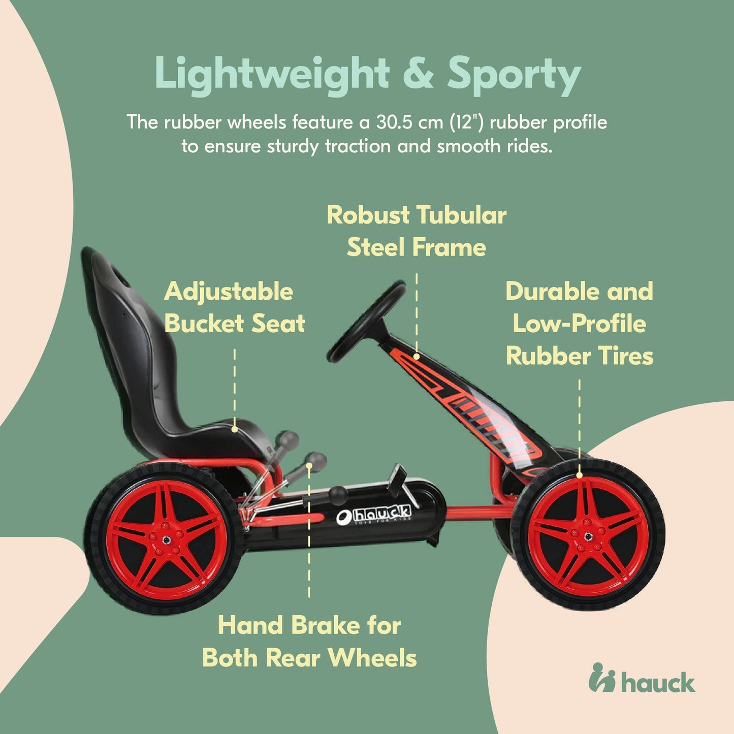 Hauck Hurricane Racing Go Kart w/Low Profile Rubber Tires, Handbrake Design, Red