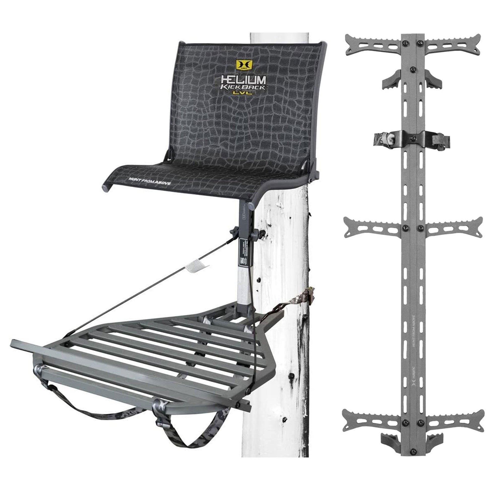 Hawk Helium Kickback Hang On Tree Stand w/Footrest & Set of 3 Climbing Sticks - Angler's Pro Tackle & Outdoors