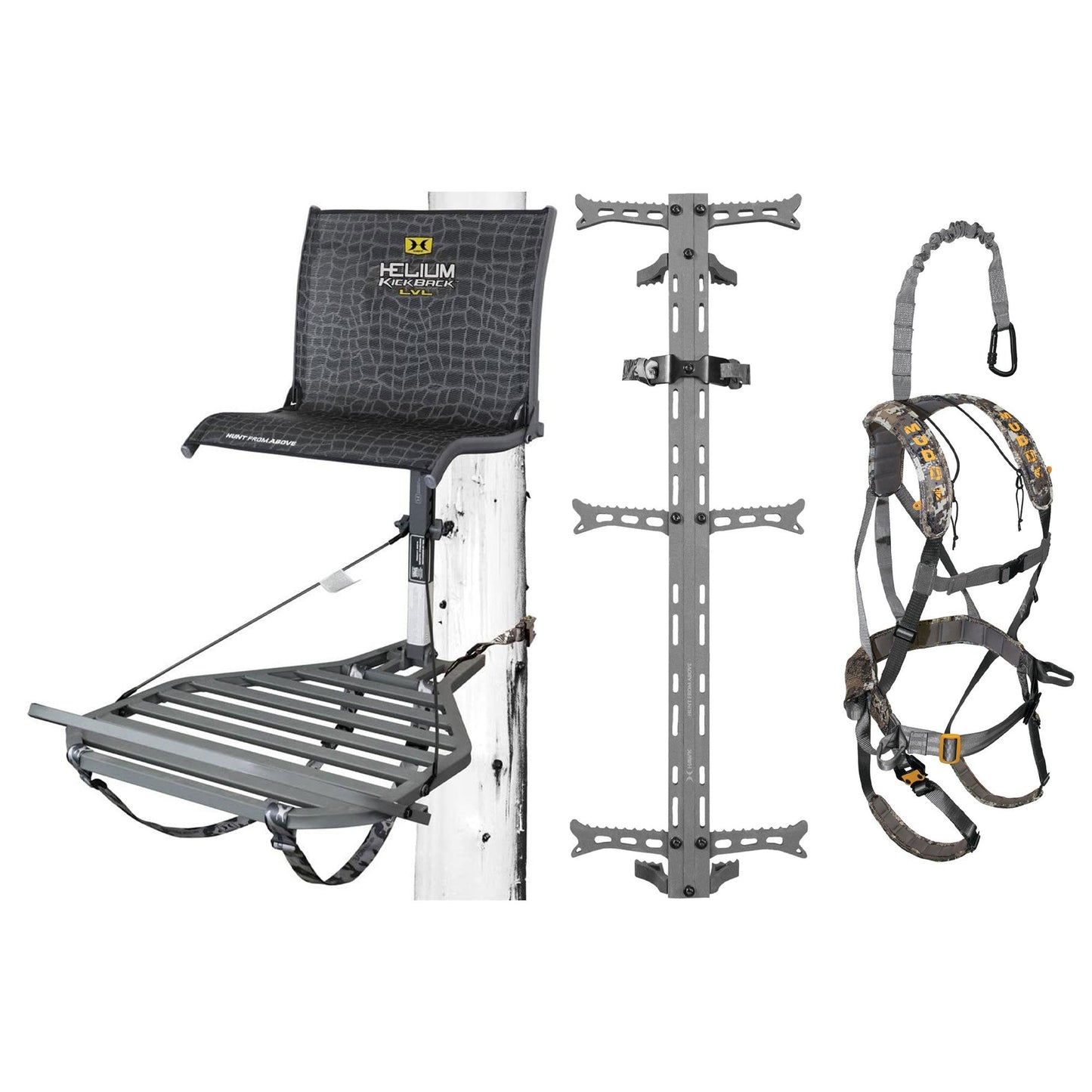 Hawk Helium Kickback Tree Stand, Set of 3 Climbing Sticks & Muddy Ambush Harness - Angler's Pro Tackle & Outdoors