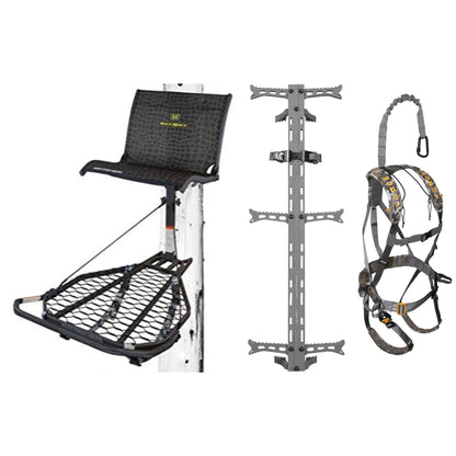 Hawk Helium Kickback Tree Stand, Set of 3 Climbing Sticks & Muddy Ambush Harness - Angler's Pro Tackle & Outdoors