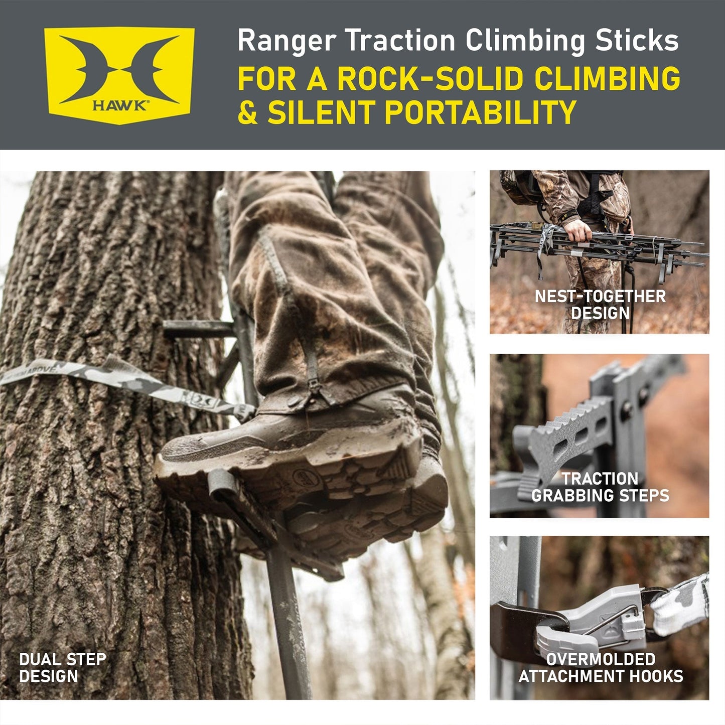 Hawk HWK - HC2082 Treestands Ranger Traction 3 Pack Climbing Sticks, Mud Camo - Angler's Pro Tackle & Outdoors