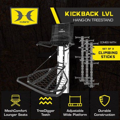 Hawk Kickback LVL Hang On Tree Stand with Footrest & Set of 3 Climbing Sticks - Angler's Pro Tackle & Outdoors