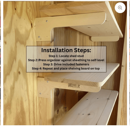 HangThis Up - Shed Shelf Bracket Kit - 10-12" (sold in pairs) Shed Organization System, Shed Organizer, Yard Tool Rack