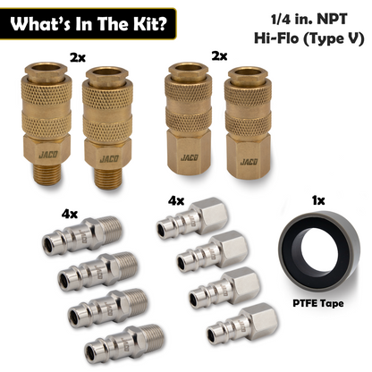 Jaco Hi-Flo Quick Connect Air Fittings | Plug & Coupler Kit - 1/4" NPT (Set of 12)