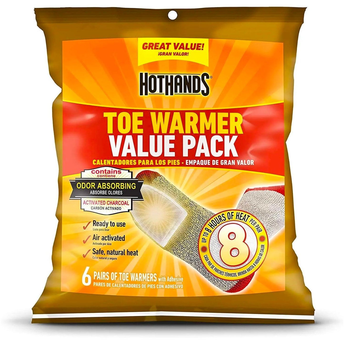 HotHands Toe Warmers - Long Lasting Safe Natural Odorless Air Activated Warmers - Up to 8 Hours of Heat - 6 Pair Bag - Angler's Pro Tackle & Outdoors