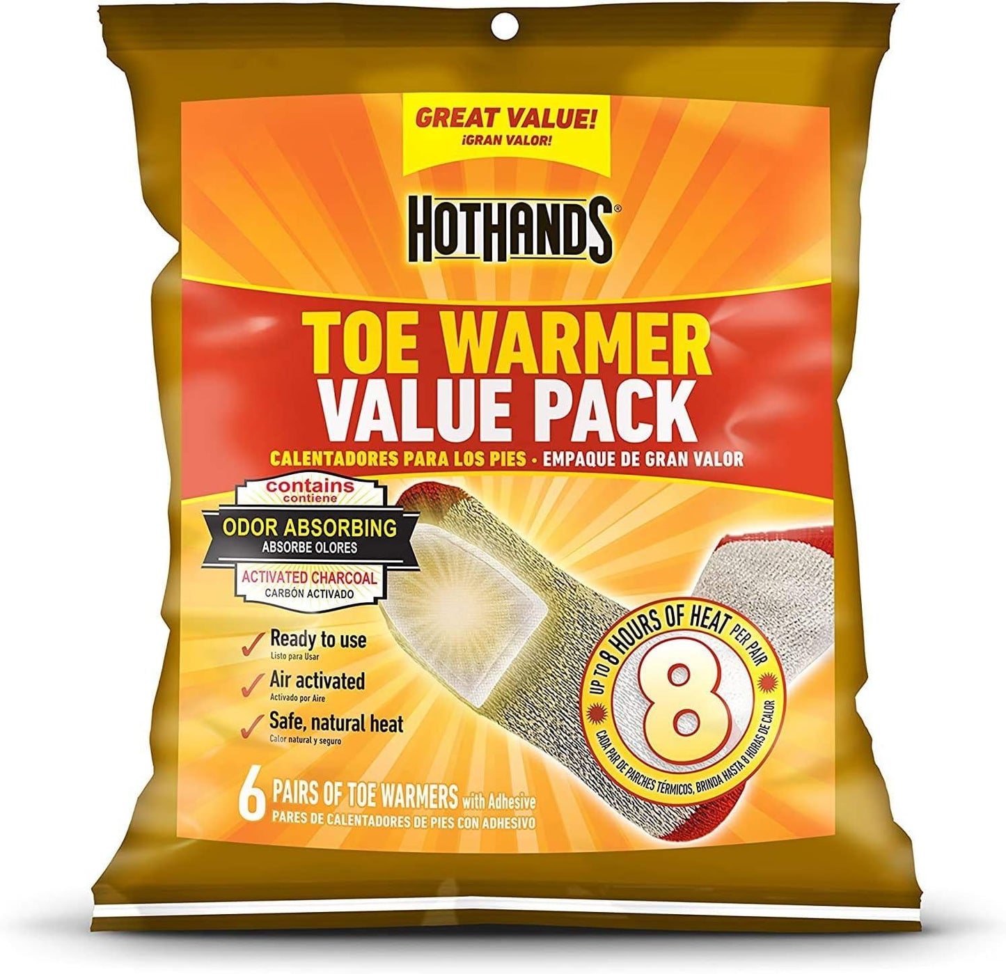 HotHands Toe Warmers - Long Lasting Safe Natural Odorless Air Activated Warmers - Up to 8 Hours of Heat - 6 Pair Bag - Angler's Pro Tackle & Outdoors