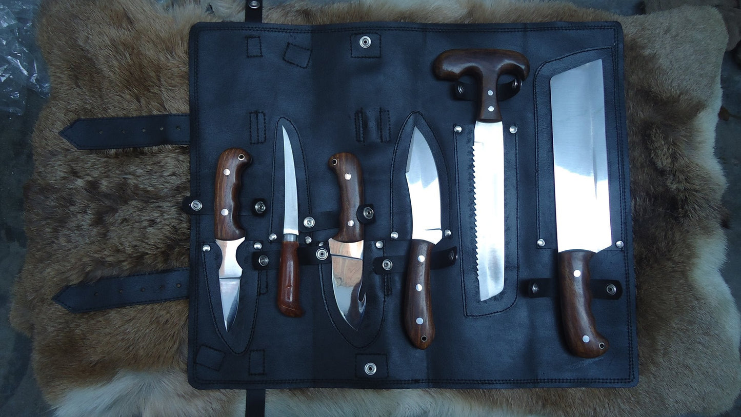 KBS Knives Game Processing Kit – 6-Piece Rosewood Handle Knife Set with Leather Roll