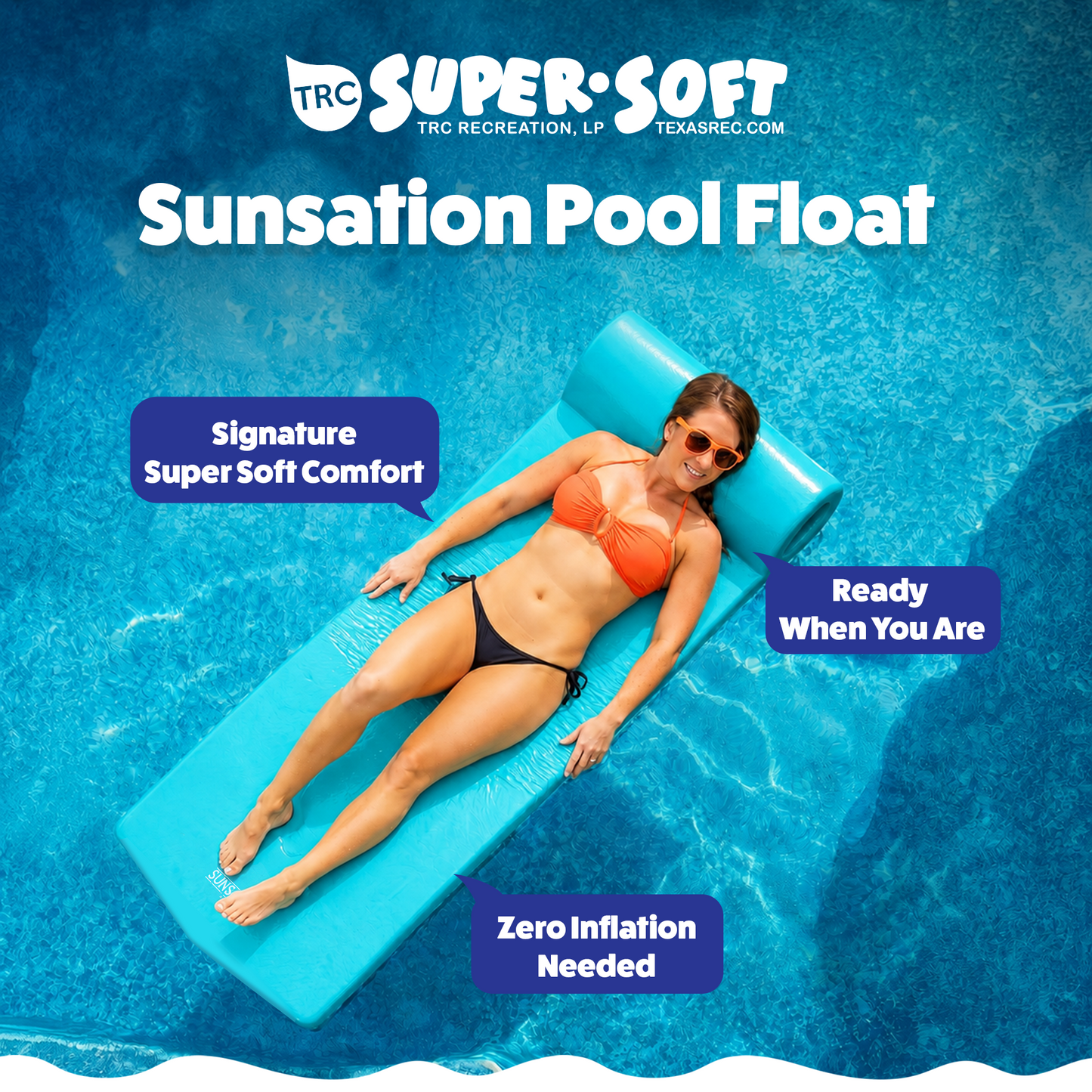 TRC Recreation Sunsation 1.75" Thick Foam Lounger Raft Pool Float, Tropical Teal