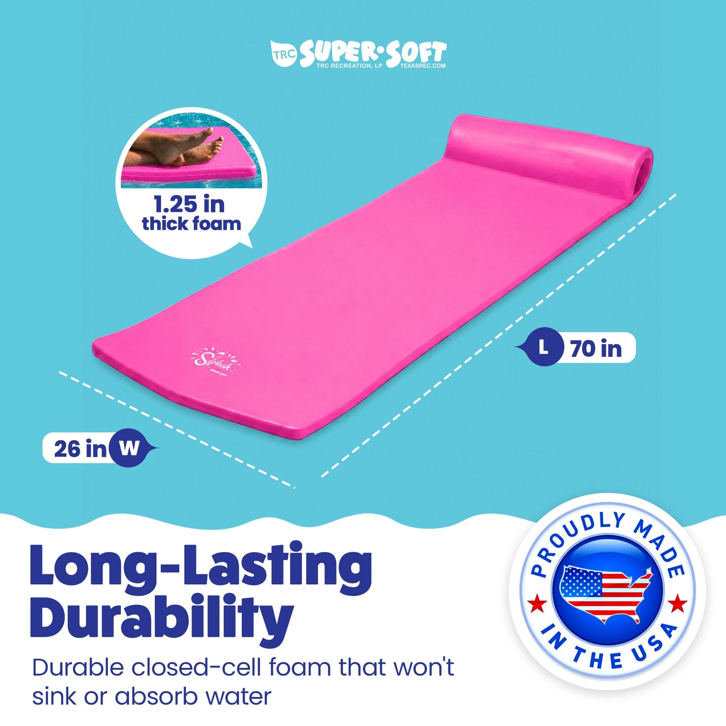 TRC Recreation Splash 70" Foam Lounger Pool Raft, Flamingo Pink with Blue Float
