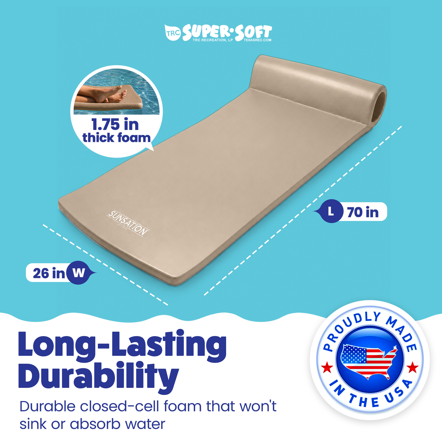 TRC Recreation Sunsation 70-Inch Foam Raft Lounger Pool Float, Bronze (2 Pack)