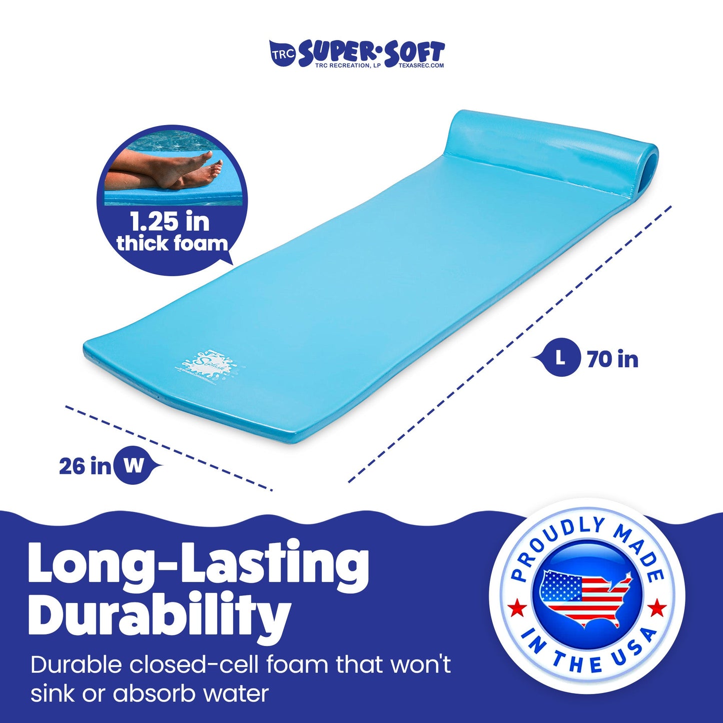TRC Recreation Splash 1.25" Thick Foam Swimming Pool Float Mat, Marina Blue