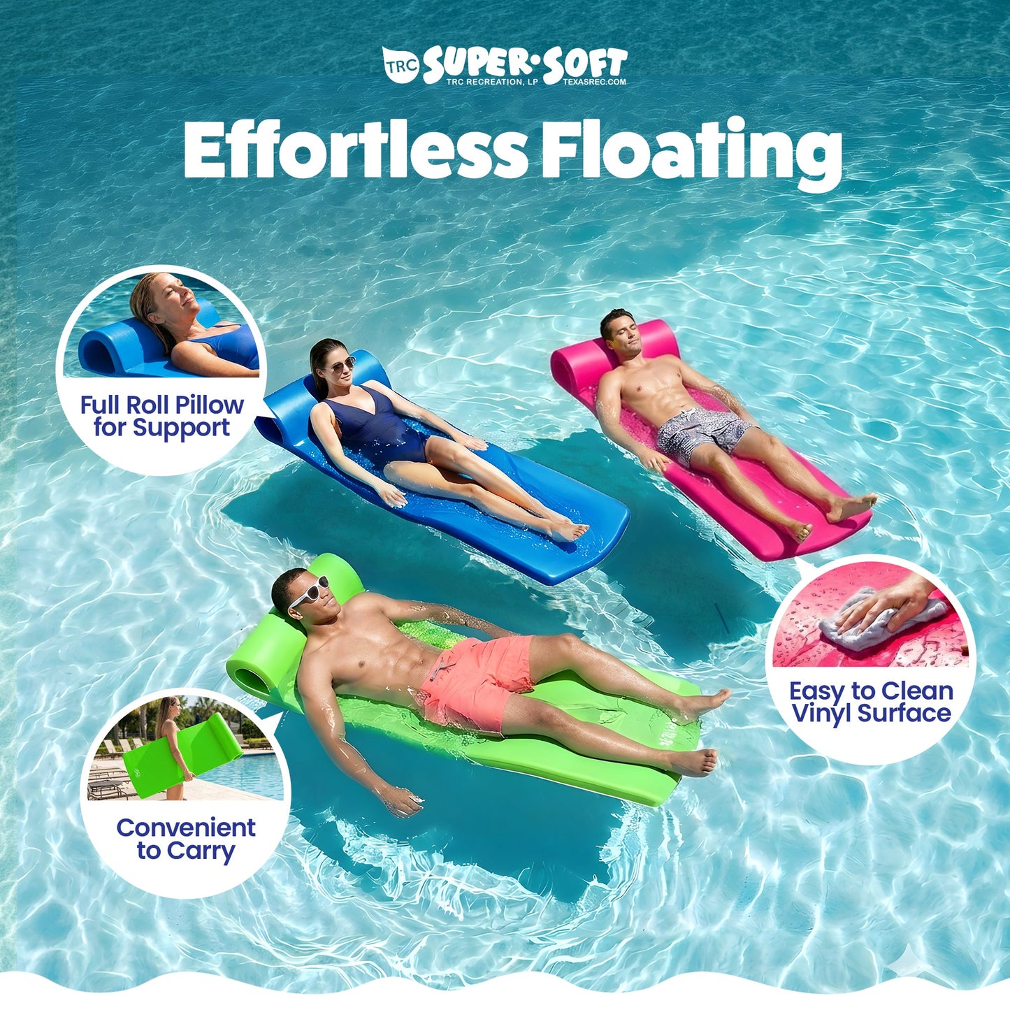 TRC Recreation Splash 1.25" Thick Foam Swimming Pool Float Lounger Mat, White