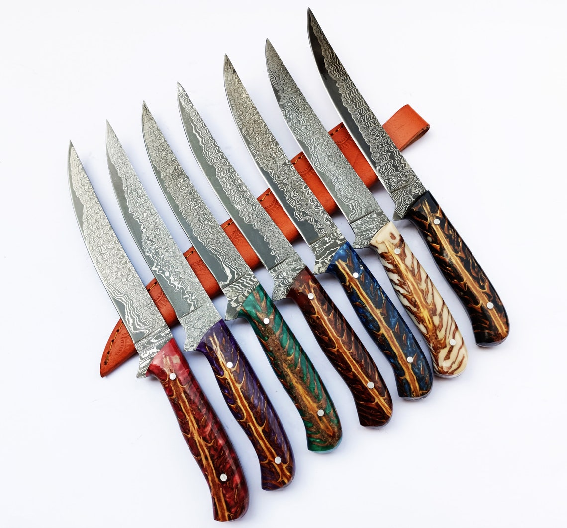 KBS Knives Custom Handmade Damascus Steel Fillet Knife with Epoxy Resin Pine Cone Handle - 13 Inch Length with Leather Sheath