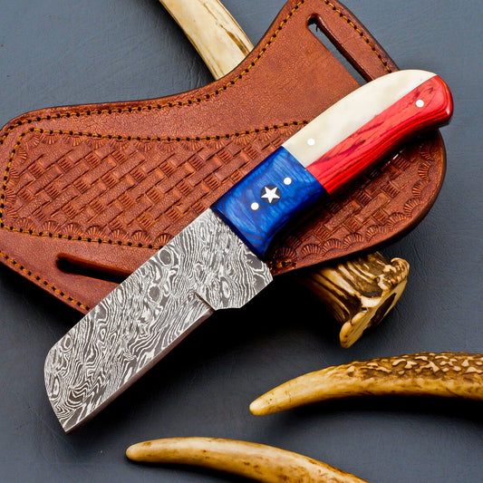 Custom Handmade Cowboy Castration Knife – Damascus Steel Blade, Texas Flag Handle