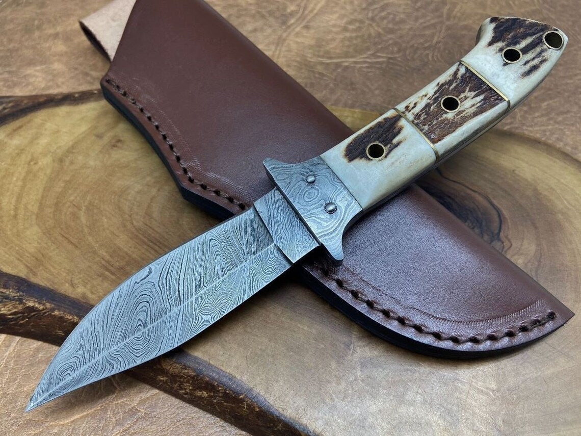 KBS Knives "Exquisite Custom Handmade Damascus Hunting Knife | Stag Horn Handle | 8.5 Inches | Leather Sheath | KBS Knives Store"