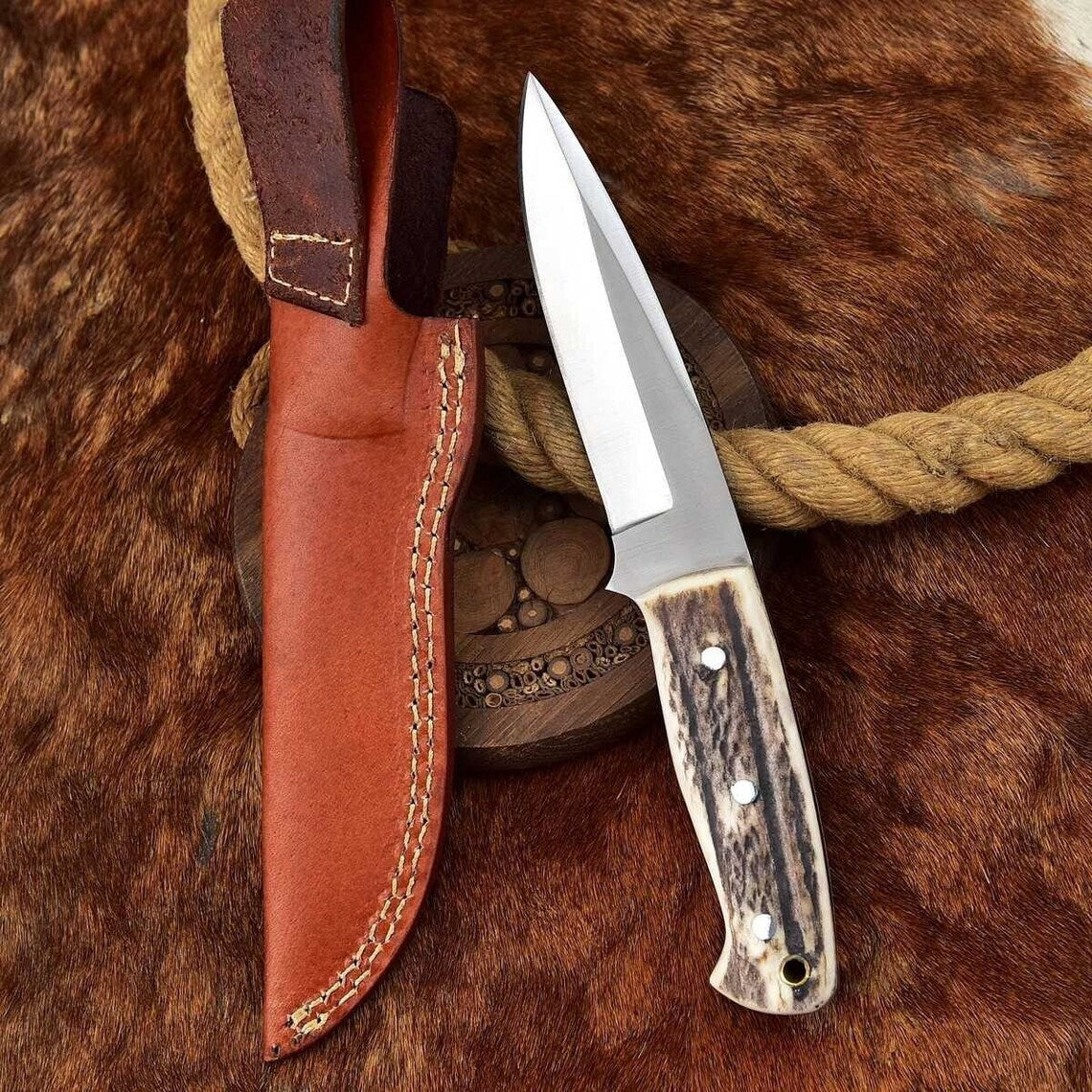 KBS Knives Custom Handmade Fixed Blade Skinning Knife with Leather Sheath