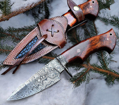 KBS Knives "Custom Handmade Damascus Steel Hunting Camping Knife | Rosewood-Damascus Guard Handle | 9.5 Inches | Leather Sheath | KBS Knives Store"