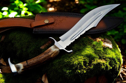 KBS Knives Bowie Knife With Antler Handles – 14" D2 Steel Blade With Blood Groove & Antler Handle
