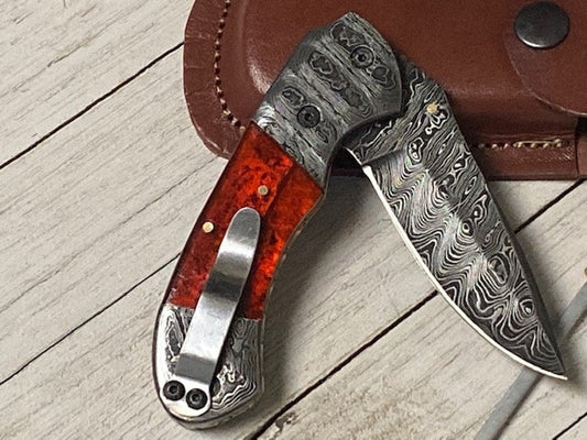 KBS Knives Best Folding Pocket Knife with Pocket Clip and Epoxy Resin Handle, 3.2 Inches Blade Length and Leather Case - For Sale by KBS Knives Store