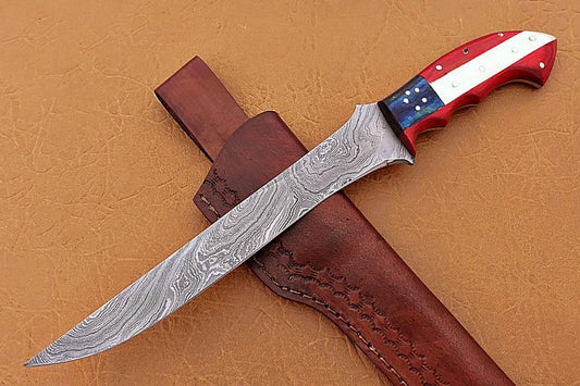 KBS Knives Handmade Damascus Steel Fillet-Boning Knife with Texas Flag Red-Blue Exotic Wood and Bone Handle - 13 Inch Overall Length