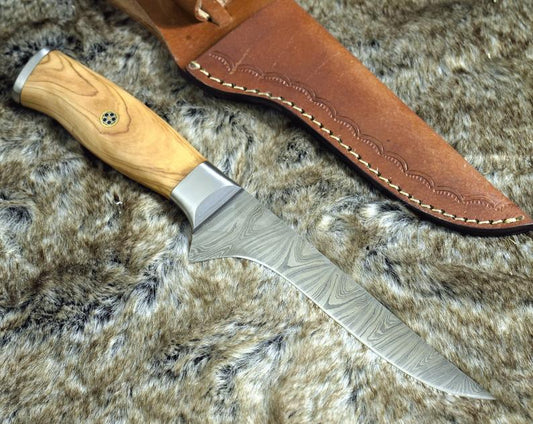 KBS Knives Handmade Damascus Steel Fillet-Boning Knife with Olive Wood and Steel Bolster Handle - 11 Inch Overall Length
