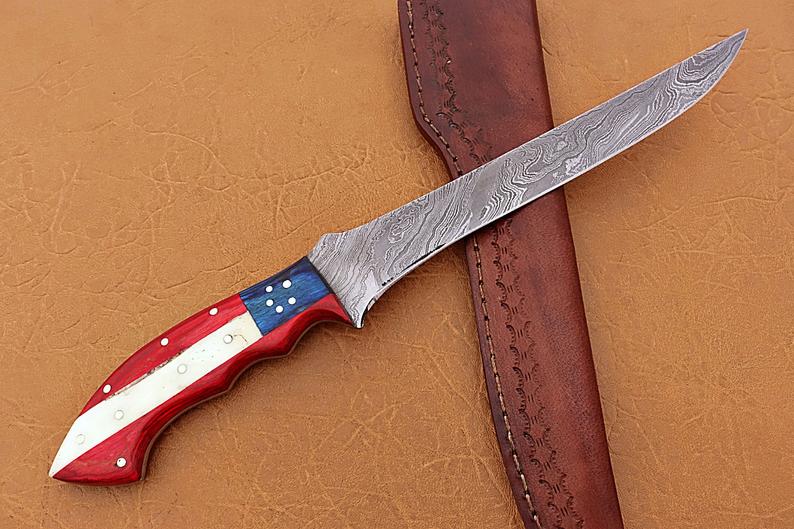 KBS Knives Handmade Damascus Steel Fillet-Boning Knife with Texas Flag Red-Blue Exotic Wood and Bone Handle - 13 Inch Overall Length