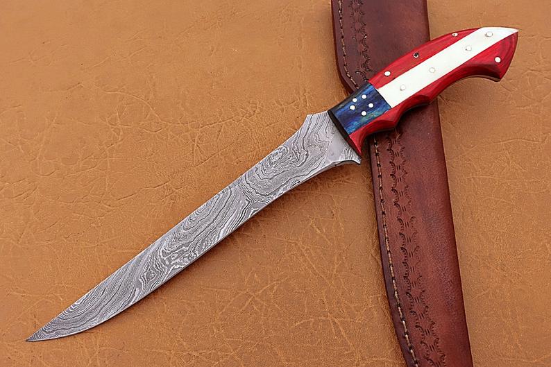 KBS Knives Handmade Damascus Steel Fillet-Boning Knife with Texas Flag Red-Blue Exotic Wood and Bone Handle - 13 Inch Overall Length