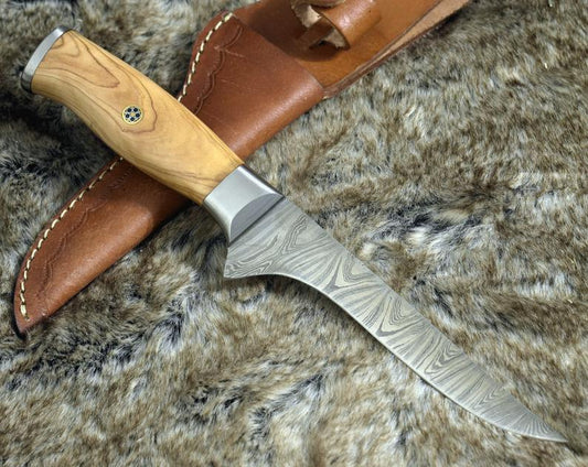 KBS Knives Handmade Damascus Steel Fillet-Boning Knife with Olive Wood and Steel Bolster Handle - 11 Inch Overall Length
