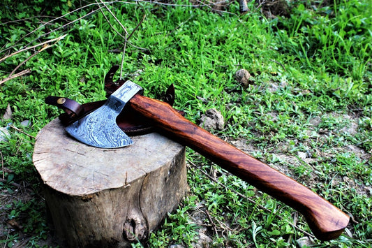 KBS Knives Damascus Steel Custom Viking Beard Axe with Rosewood Handle and Leather Sheath by KBS Knives Store.