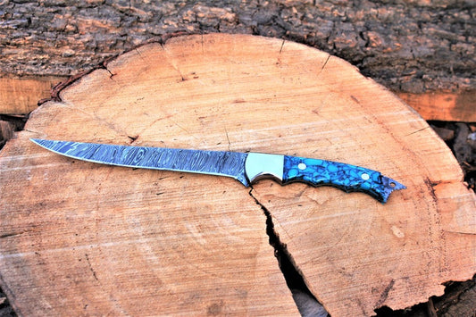 KBS Knives Handmade Damascus Steel Fillet Knife with Epoxy Resin and Steel Bolster Handle - 13" Overall Length