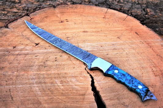 KBS Knives Handmade Damascus Steel Fillet Knife with Epoxy Resin and Steel Bolster Handle - 13" Overall Length