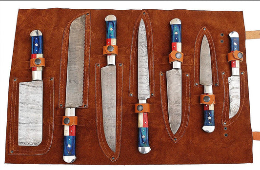 KBS Knives Lone Star Legacy: 7-Piece Kitchen Knives Set with Twist Damascus Steel Blades, Texas Flag Style Handles, Exotic Wood and Bone, and Leather Roll