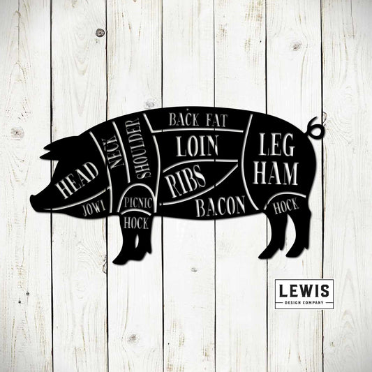 Lewis Design Co Pig Pork BBQ Metal Sign, Cuts of Meat Pig Sign, Smoker, Grilling, BBQ, Barbeque