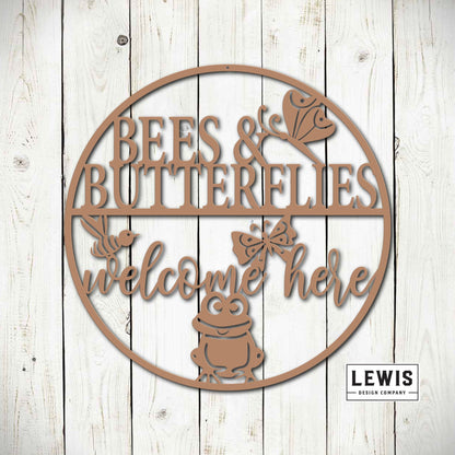 Lewis Design Co Bees and Butterflies Welcome Here Metal Garden Sign
