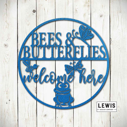 Lewis Design Co Bees and Butterflies Welcome Here Metal Garden Sign