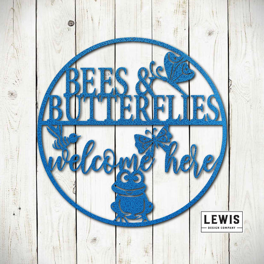 Lewis Design Co Bees and Butterflies Welcome Here Metal Garden Sign