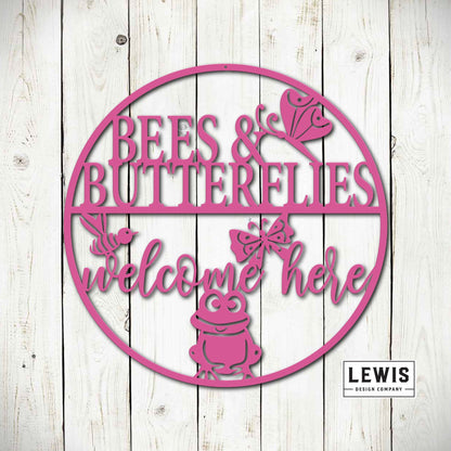 Lewis Design Co Bees and Butterflies Welcome Here Metal Garden Sign