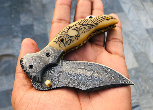 KBS Knives Custom Handmade Damascus Steel Engraved Folding Pocket Knife with Leather Case - KBS Knives Store