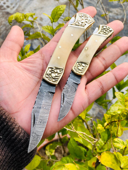 KBS Knives Pair of Custom Handmade Damascus Steel Folding Pocket Knives with Bone and Engraved Brass Bolsters Handle