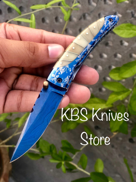 KBS Knives Damascus Steel Edc Folding Knife