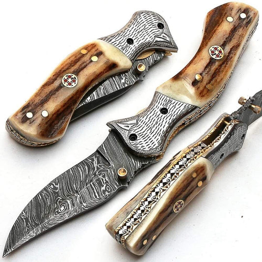 KBS Knives Custom Handmade Damascus Steel Engraved Folding Pocket Knife with Antler Horn Handle and Leather Case by KBS Knives Store.