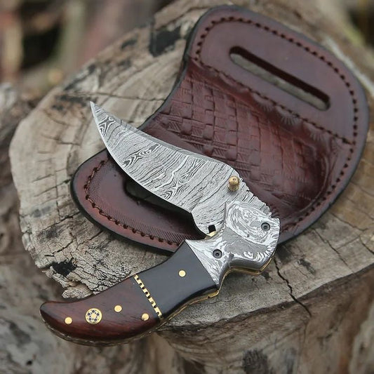 KBS Knives Damascus Handmade Custom Folding Pocket Knife with Buffalo Horn and Rosewood Handle, 3.2-inch Blade Length