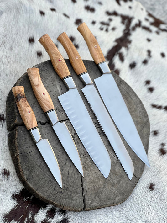 KBS Knives 5 Pcs Custom Handmade Stainless Steel Kitchen Knives Set With Olive Wood Handles and Leather Roll - KBS Knives Store