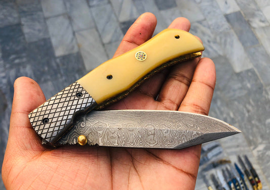 KBS Knives Custom Handmade Damascus Steel Folding Pocket Knife with Bone Handle and Leather Case - 3.3" Blade by KBS Knives Store