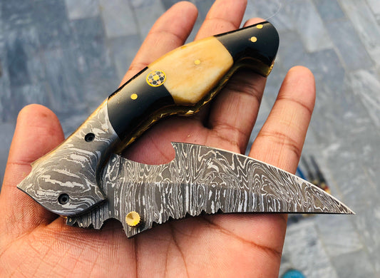 KBS Knives Custom Handmade Damascus Steel Tactical Folding Pocket Knife with Bone and Buffalo Horn Handle and Leather Case by KBS Knives Store
