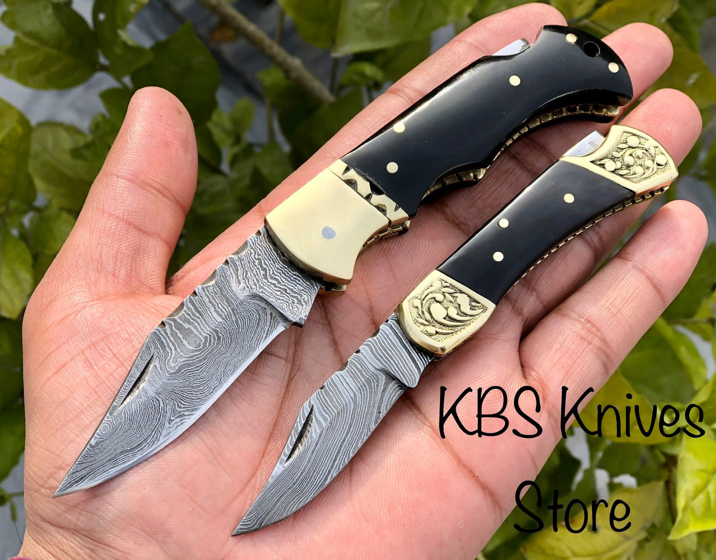 KBS Knives Pair of Custom Handmade Damascus Steel EDC Folding Pocket Knives with Leather Case by KBS Knives Store.