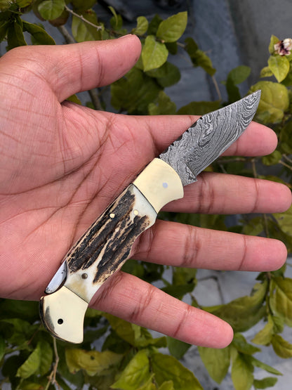 KBS Knives Custom Handmade Damascus Steel Folding Pocket Knife with Antler Horn and Brass Bolsters Handle and Leather Case - For Sale by KBS Knives Store