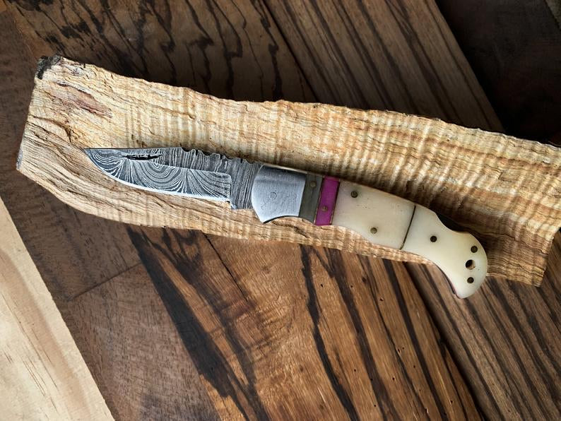 KBS Knives Best Damascus Steel Folding Pocket Knife with Bone and Color Wood Spacers Handle, 3 Inches Blade Length and Leather Case - For Sale by KBS Knives Store.